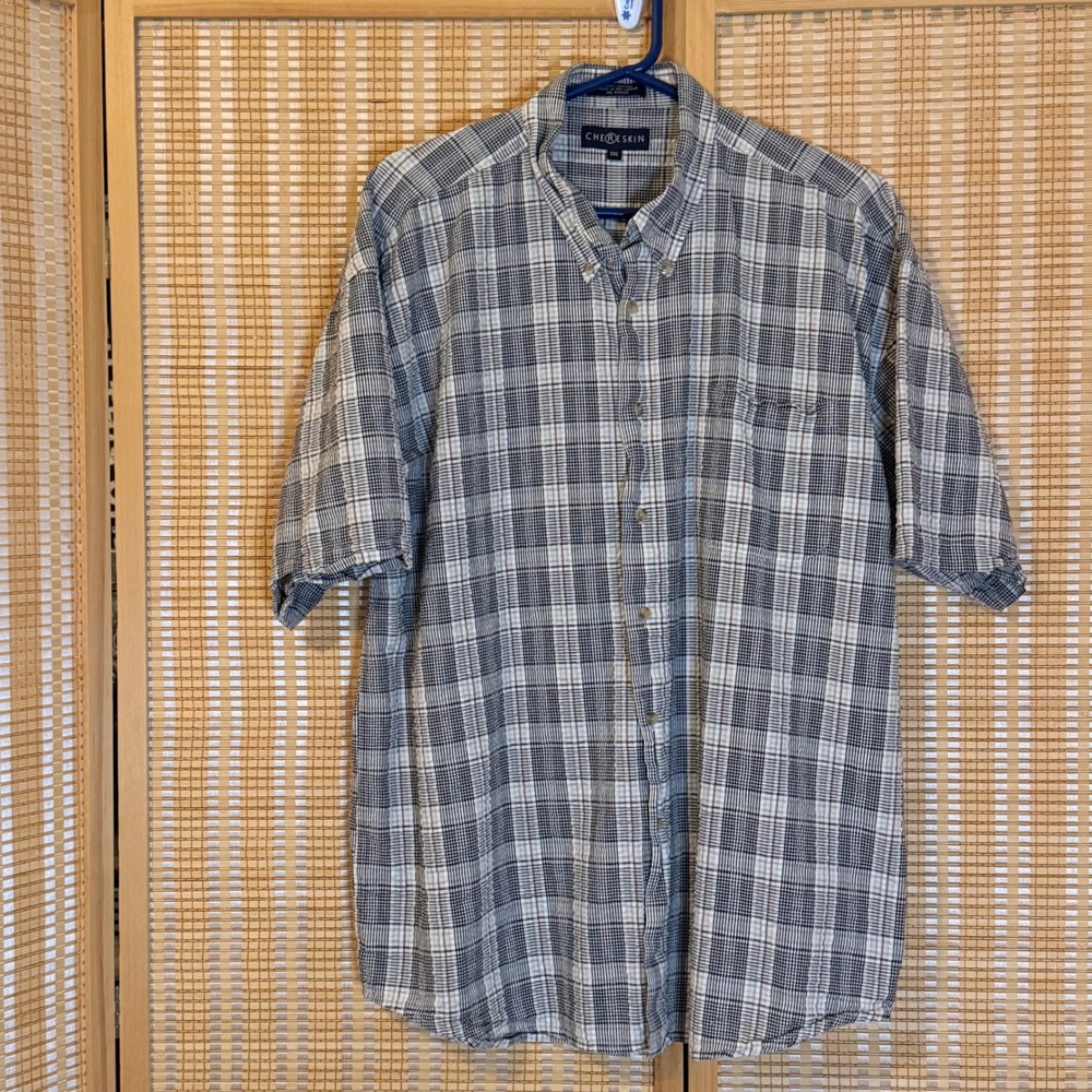 Chereskin Mens XXL Plaid Button Down Shirt Short Sleeve Blue White 100% Cotton